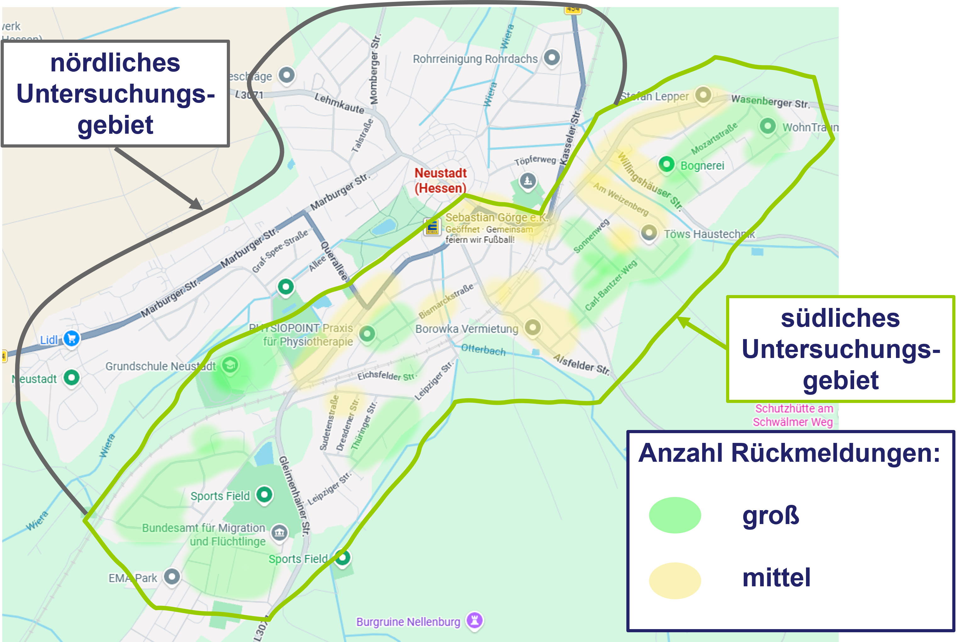 Karte der nördlichen und südlichen Untersuchungsgebiete in der Kernstadt Neustadt